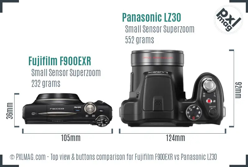Fujifilm F900EXR vs Panasonic LZ30 top view buttons comparison Fujifilm F900EXR vs Panasonic LZ30 top view buttons comparison
