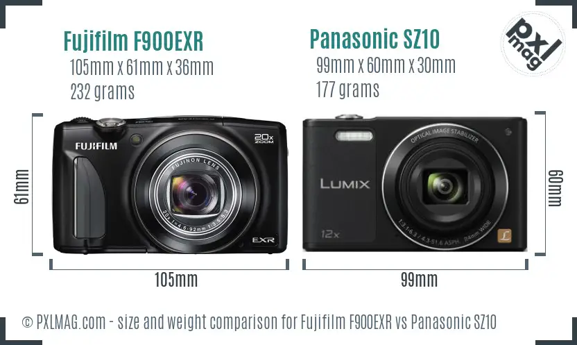 Fujifilm F900EXR vs Panasonic SZ10 size comparison