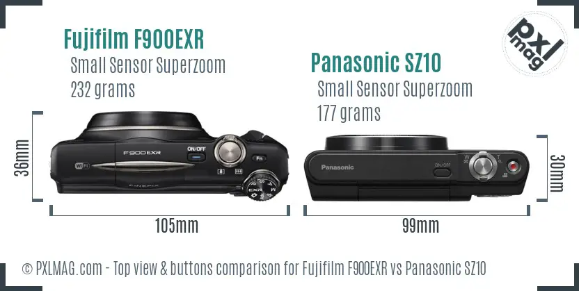 Fujifilm F900EXR vs Panasonic SZ10 top view buttons comparison