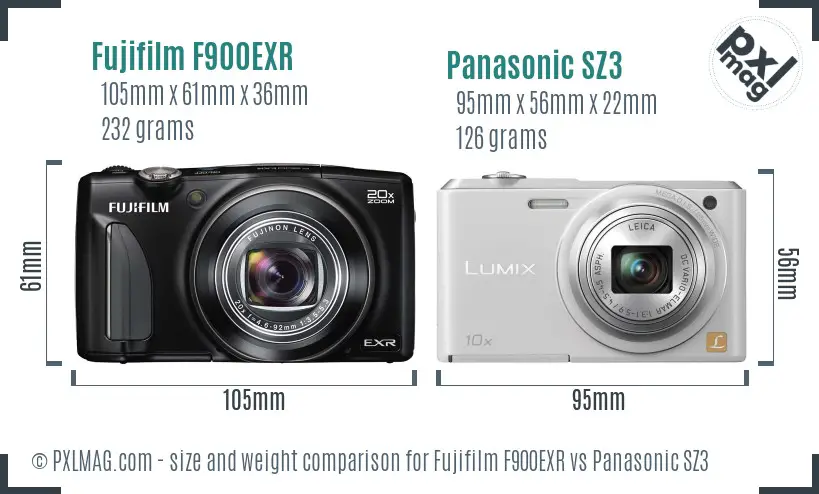 Fujifilm F900EXR vs Panasonic SZ3 size comparison