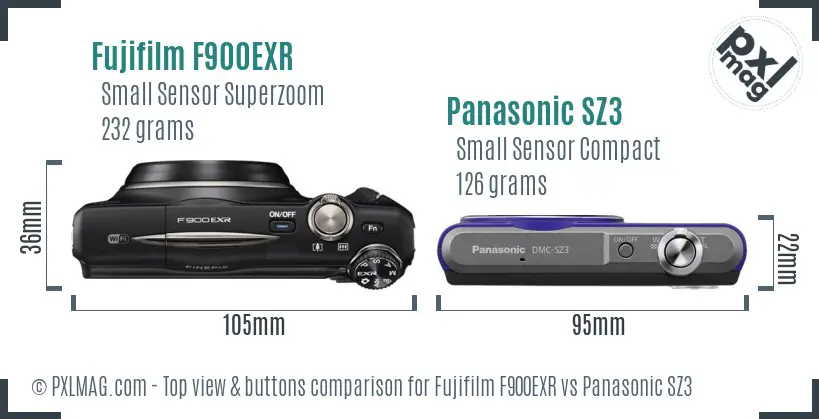 Fujifilm F900EXR vs Panasonic SZ3 top view buttons comparison