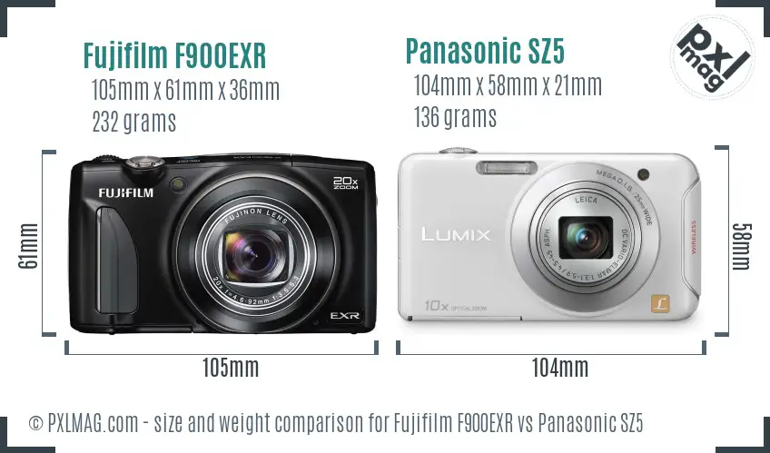 Fujifilm F900EXR vs Panasonic SZ5 size comparison