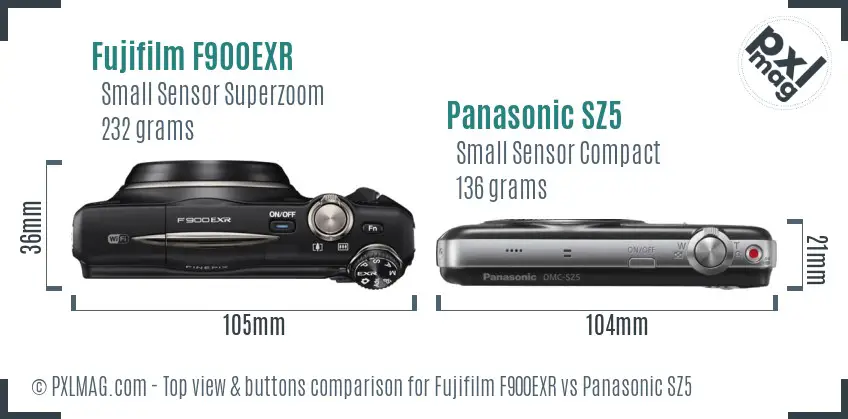 Fujifilm F900EXR vs Panasonic SZ5 top view buttons comparison
