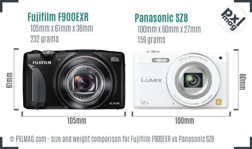 Fujifilm F900EXR vs Panasonic SZ8 size comparison