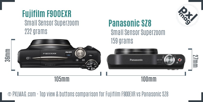 Fujifilm F900EXR vs Panasonic SZ8 top view buttons comparison