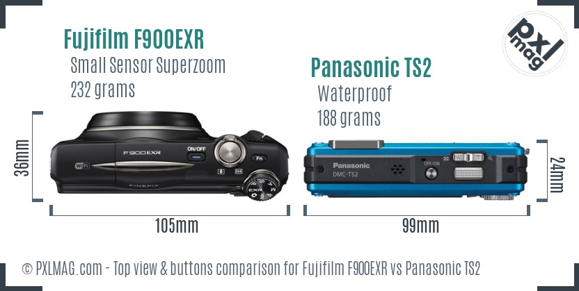 Fujifilm F900EXR vs Panasonic TS2 top view buttons comparison