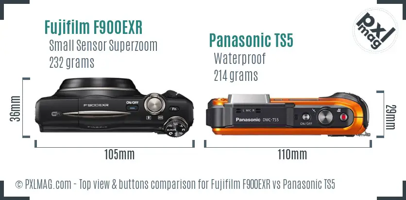 Fujifilm F900EXR vs Panasonic TS5 top view buttons comparison Fujifilm F900EXR vs Panasonic TS5 top view buttons comparison