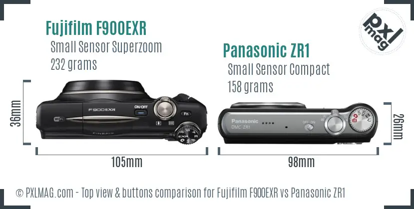 Fujifilm F900EXR vs Panasonic ZR1 top view buttons comparison