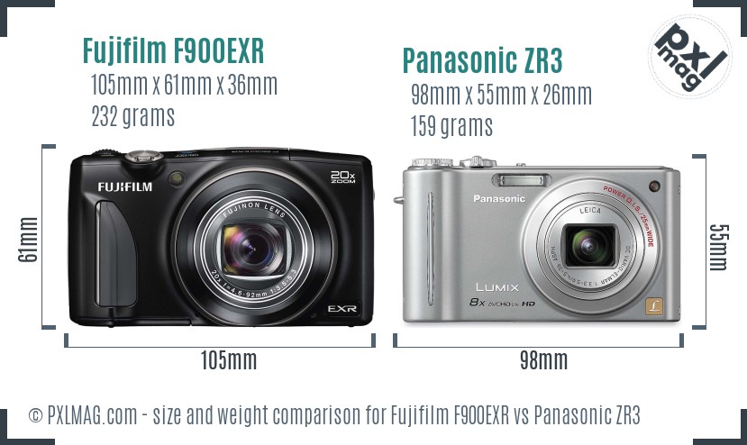 Fujifilm F900EXR vs Panasonic ZR3 size comparison