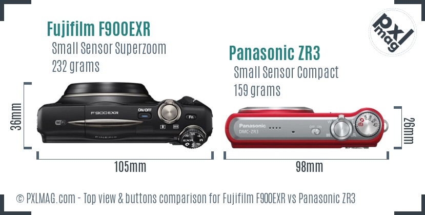 Fujifilm F900EXR vs Panasonic ZR3 top view buttons comparison