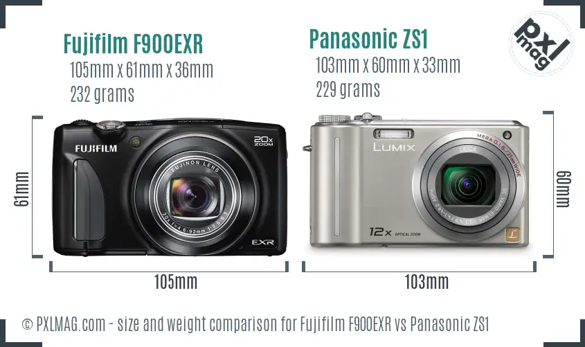 Fujifilm F900EXR vs Panasonic ZS1 size comparison