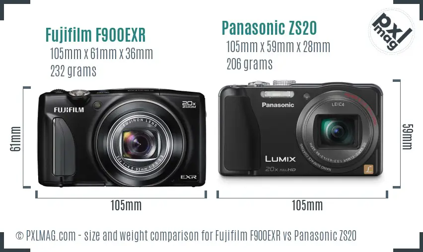 Fujifilm F900EXR vs Panasonic ZS20 size comparison