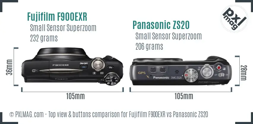 Fujifilm F900EXR vs Panasonic ZS20 top view buttons comparison