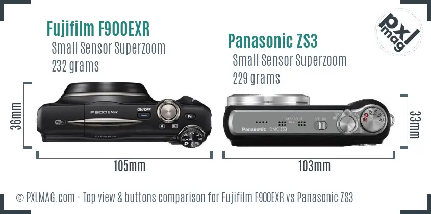 Fujifilm F900EXR vs Panasonic ZS3 top view buttons comparison