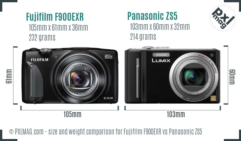 Fujifilm F900EXR vs Panasonic ZS5 size comparison