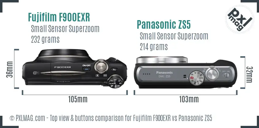 Fujifilm F900EXR vs Panasonic ZS5 top view buttons comparison