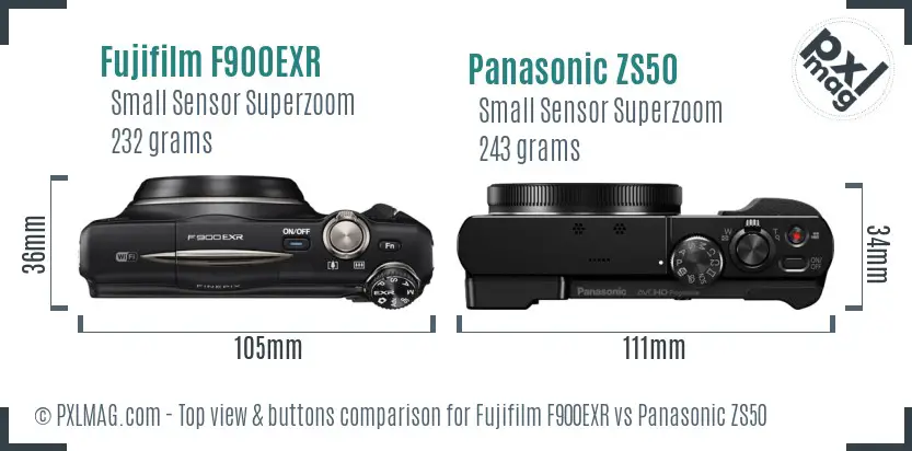 Fujifilm F900EXR vs Panasonic ZS50 top view buttons comparison