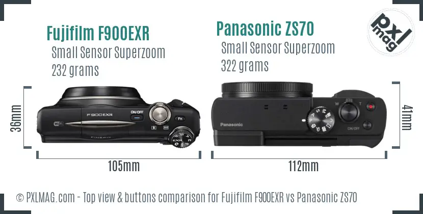 Fujifilm F900EXR vs Panasonic ZS70 top view buttons comparison
