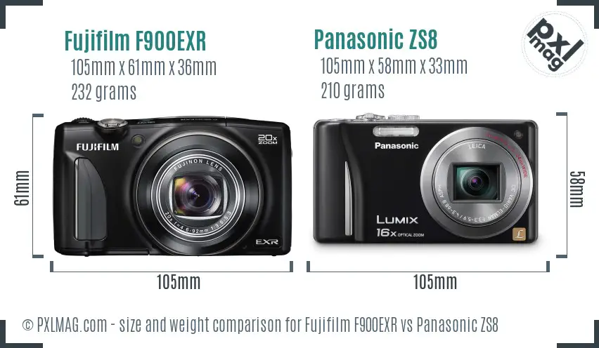 Fujifilm F900EXR vs Panasonic ZS8 size comparison