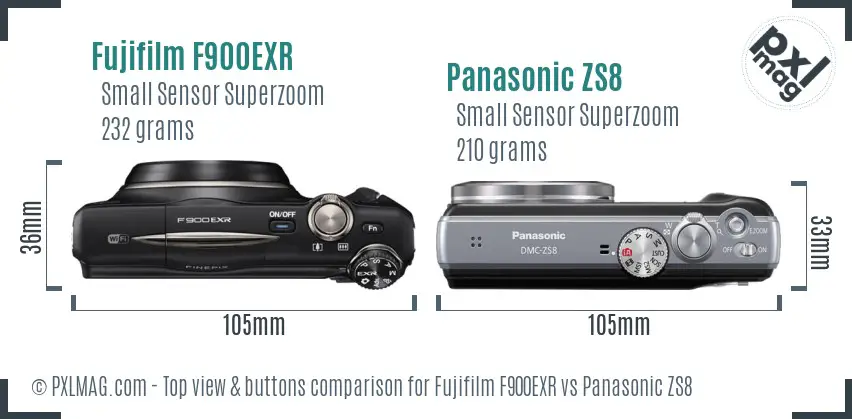 Fujifilm F900EXR vs Panasonic ZS8 top view buttons comparison