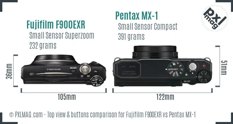 Fujifilm F900EXR vs Pentax MX-1 top view buttons comparison