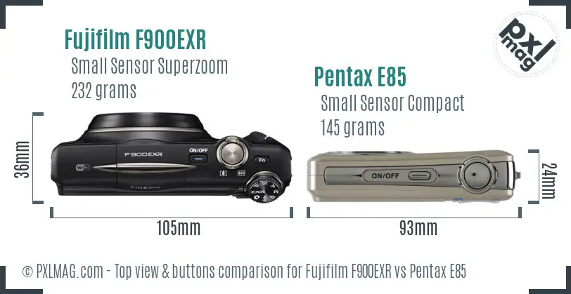 Fujifilm F900EXR vs Pentax E85 top view buttons comparison