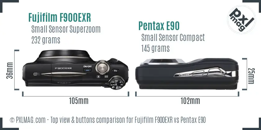 Fujifilm F900EXR vs Pentax E90 top view buttons comparison Fujifilm F900EXR vs Pentax E90 top view buttons comparison