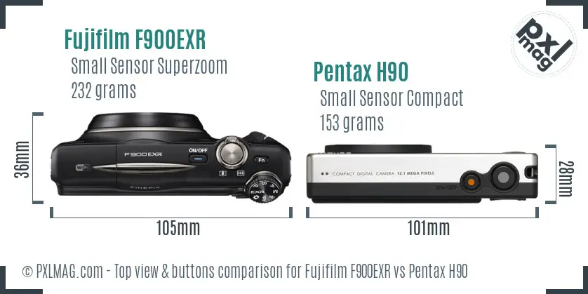 Fujifilm F900EXR vs Pentax H90 top view buttons comparison