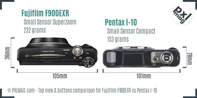 Fujifilm F900EXR vs Pentax I-10 top view buttons comparison