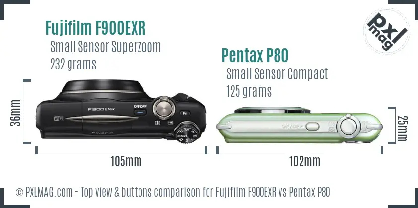 Fujifilm F900EXR vs Pentax P80 top view buttons comparison