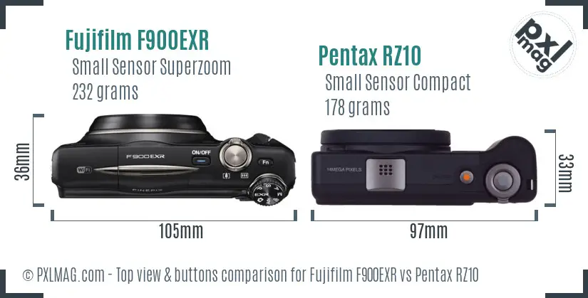 Fujifilm F900EXR vs Pentax RZ10 top view buttons comparison