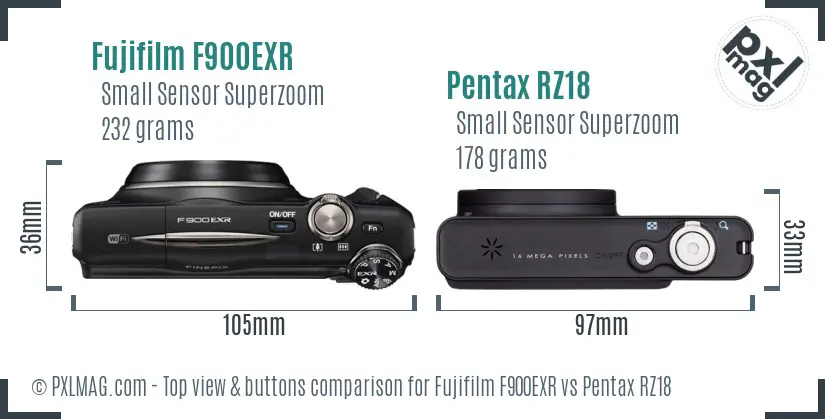 Fujifilm F900EXR vs Pentax RZ18 top view buttons comparison Fujifilm F900EXR vs Pentax RZ18 top view buttons comparison