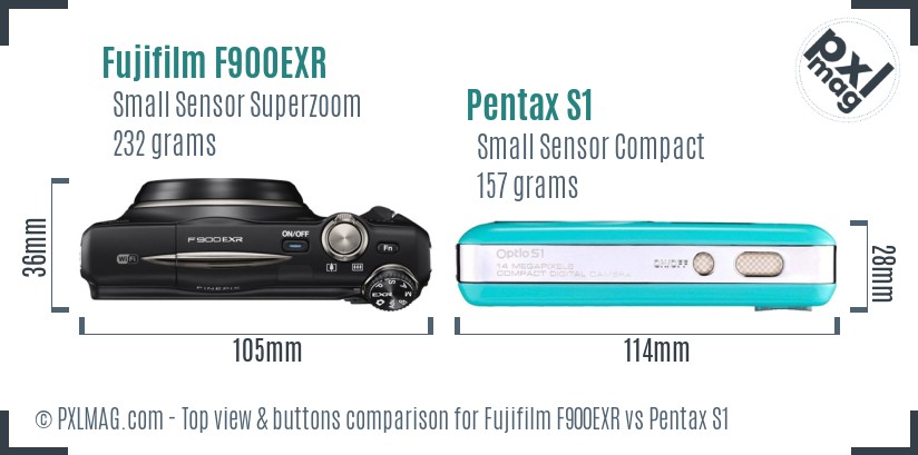 Fujifilm F900EXR vs Pentax S1 top view buttons comparison