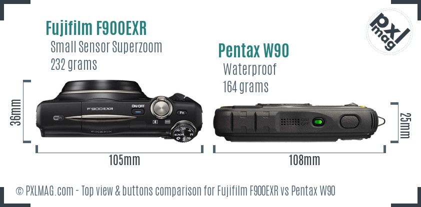 Fujifilm F900EXR vs Pentax W90 top view buttons comparison