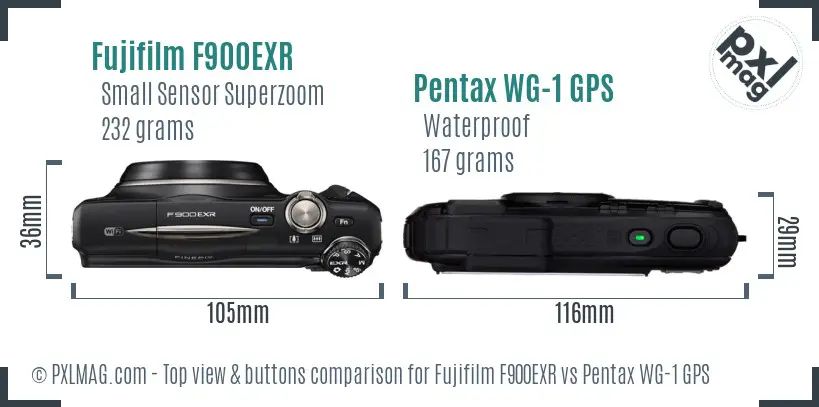Fujifilm F900EXR vs Pentax WG-1 GPS top view buttons comparison
