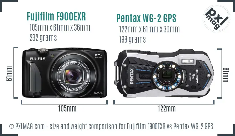 Fujifilm F900EXR vs Pentax WG-2 GPS size comparison Fujifilm F900EXR vs Pentax WG-2 GPS size comparison