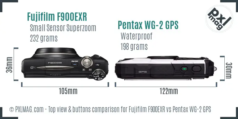 Fujifilm F900EXR vs Pentax WG-2 GPS top view buttons comparison Fujifilm F900EXR vs Pentax WG-2 GPS top view buttons comparison