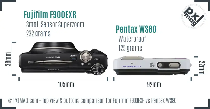 Fujifilm F900EXR vs Pentax WS80 top view buttons comparison