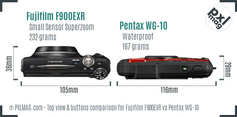 Fujifilm F900EXR vs Pentax WG-10 top view buttons comparison