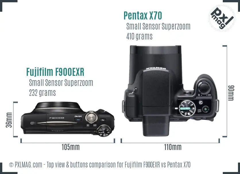 Fujifilm F900EXR vs Pentax X70 top view buttons comparison