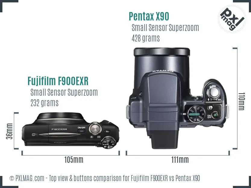 Fujifilm F900EXR vs Pentax X90 top view buttons comparison