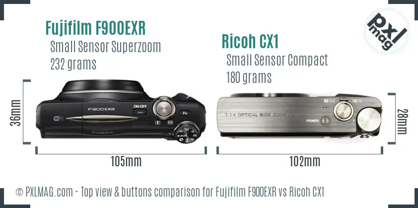 Fujifilm F900EXR vs Ricoh CX1 top view buttons comparison