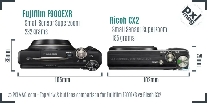 Fujifilm F900EXR vs Ricoh CX2 top view buttons comparison Fujifilm F900EXR vs Ricoh CX2 top view buttons comparison