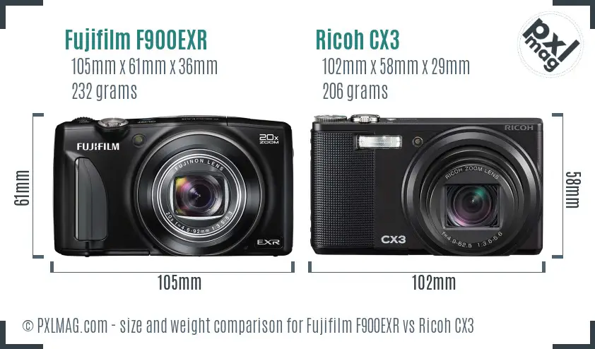 Fujifilm F900EXR vs Ricoh CX3 size comparison