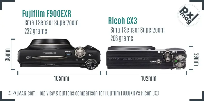 Fujifilm F900EXR vs Ricoh CX3 top view buttons comparison