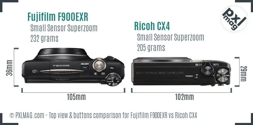 Fujifilm F900EXR vs Ricoh CX4 top view buttons comparison