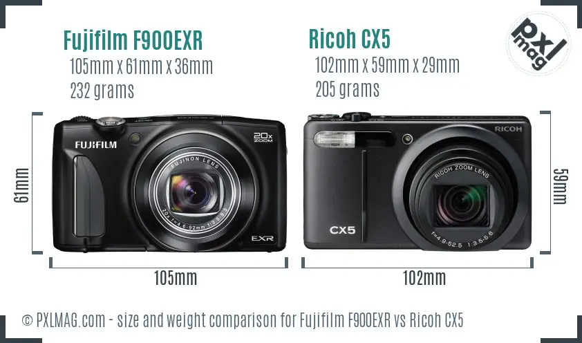 Fujifilm F900EXR vs Ricoh CX5 size comparison