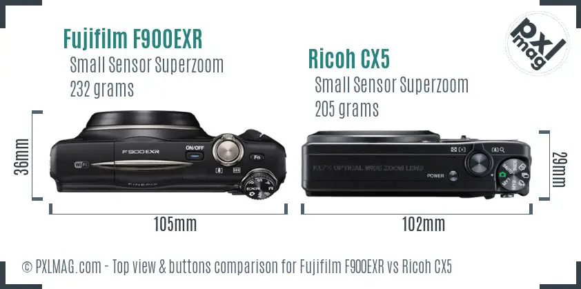 Fujifilm F900EXR vs Ricoh CX5 top view buttons comparison