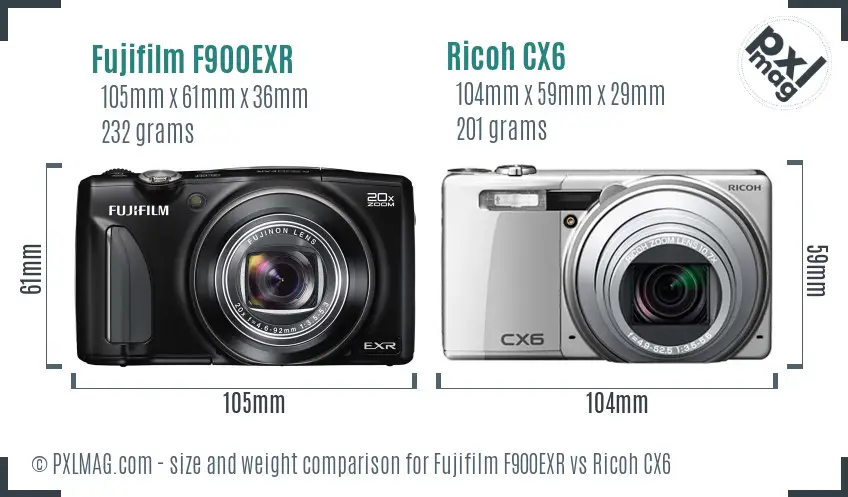 Fujifilm F900EXR vs Ricoh CX6 size comparison