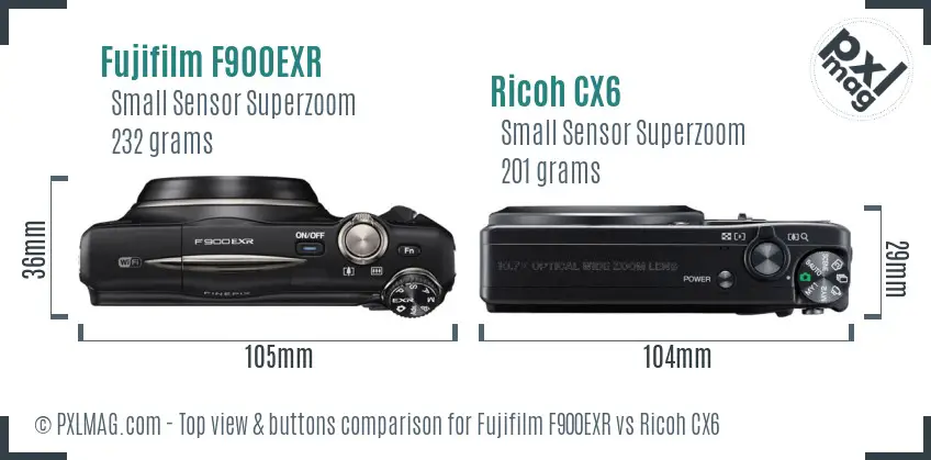 Fujifilm F900EXR vs Ricoh CX6 top view buttons comparison